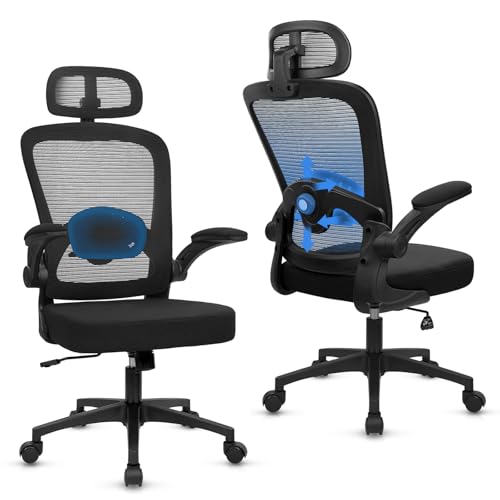 Image of KLASIKA Desk Chairs with Wheels, Ergonomic Mesh Back Home Office Chair with Headrest, Adjustable Lumbar Support Swivel Rolling Computer Chairs with Flip Up Arms for Conference Meeting Room, Black, 2PK