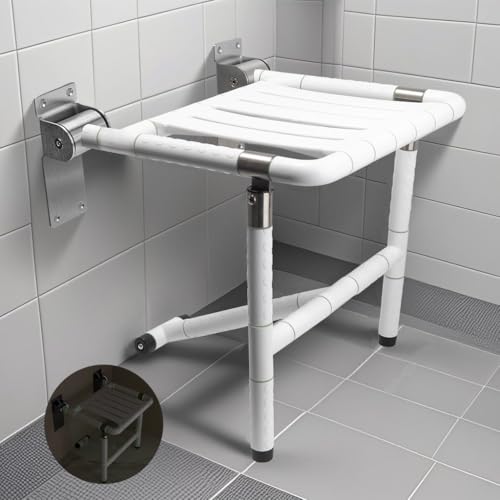 ITSOGOO Siège de Douche Rabattable avec Pieds de Support,Chaise de Douche Adulte pour Personne Handicapée Pliable Antidérapante en Acier INOX 304 et Âgées Capacité de 300 kg Blanc