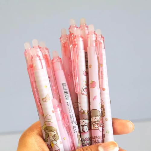 Image of Erasable Gel Pen, Cute Girl Theme, Blue Ink, 0.5mm Fine Tip, Comfort Grip, for School and Office, Pack of 12 (Pink)