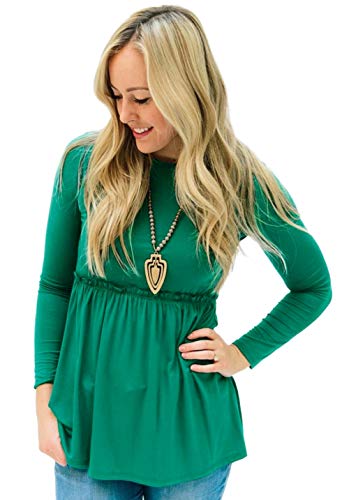 wenseny Woman-Jersey Ruffle-Tops Crewneck-Shirts Long Sleeve Solid-Tunics Basic T-Shirts Green L