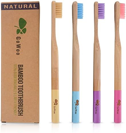 GoWoo 100% Natural Bamboo Toothbrush Soft - Organic Eco Friendly Toothbrushes with Soft Nylon Bristles, BPA-Free, Biodegradable, Dental Care Set (Pack of 4, Adult, Rainbow)
