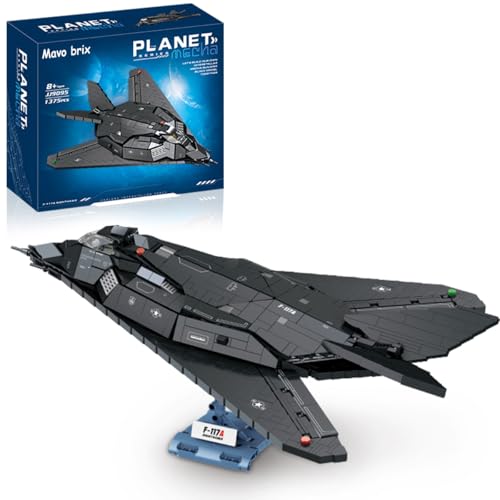F-117A Nighthawk Fighter Jet Building Block Set for Adults – 20 Inch Planet Military Airplane Air-Force with Display Stand, Compatible with Lego, 1375 Pcs