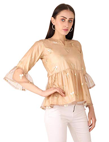 Image of UNFAKENOW Women Trendy Indo Western Casual wear Stylish Going Out Peplum Cotton top Ladies Floral Print Ruffled Plus Size Party net Tunic Long Bell Sleeve Pleated Fancy Nice top