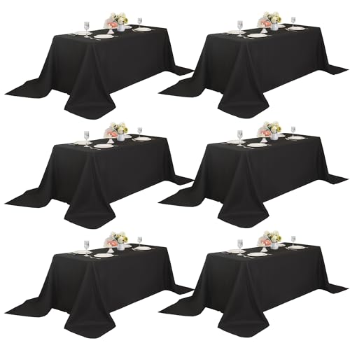 Image of 6-Pack 90x156 inch Black Table Cloths, Solid Stain and Wrinkle Resistant Oblong Tablecloth, Premium Plain Weave Polyester Fabric Rectangle Table Linen Covers for Hotel, Banquet