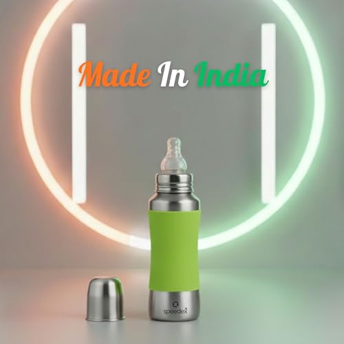 Image of SPEEDEX Stainless Steel Baby Feeding Bottle 240 ml with Green Silicone Grip & Internal ML Marking | BPA & Plastic Free | Anti-Colic Silicone Nipple | 304 Grade Steel Infant Milk Bottle | Leak Resistant (240ml)