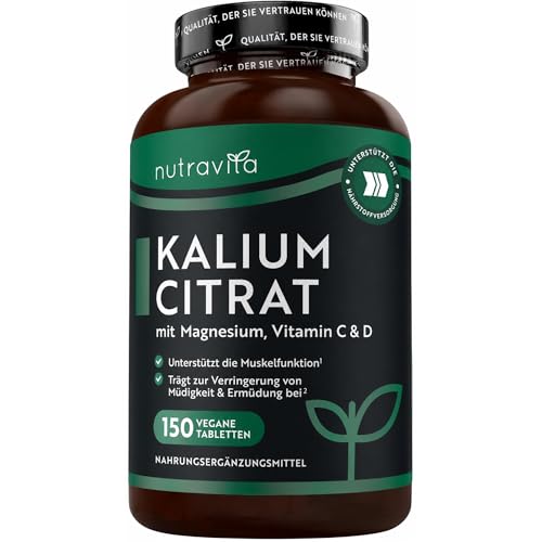 Nutravita Kalium Tabletten 525 mg mit Vitamin C D & Magnesium - 150 vegane Tabletten - Hochdosiertes Potassium Citrate - Kaliumcitrat - Kalium trägt zu einer normalen Muskelfunktion bei (EFSA)