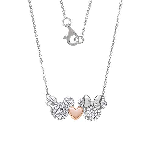 Disney Mickey And Minnie Mouse Sterling Silver Two Tone Cubic Zirconia Necklace With Pink Heart; Jewelry For Women, 18" #TOP2