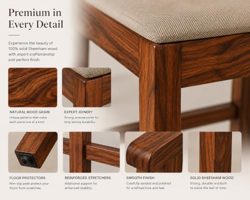 Image of Solid Sheesham Wood Bar Chair | Wooden Bar Stool for Kitchen Counter, Cafe, Dining & Home Bar | High Chair with Cushioned Seat | Brown Finish