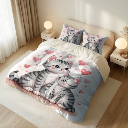 Housse de couette chat mignon imprimé lit double motif cœur rose