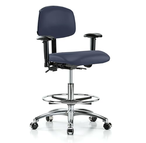Image of Perch Chrome Multi-Task Office Chair with Adjustable Armrests and Foot Ring | Medium Bench Height 21.5 inch-29 inch | Imperial Blue Vinyl
