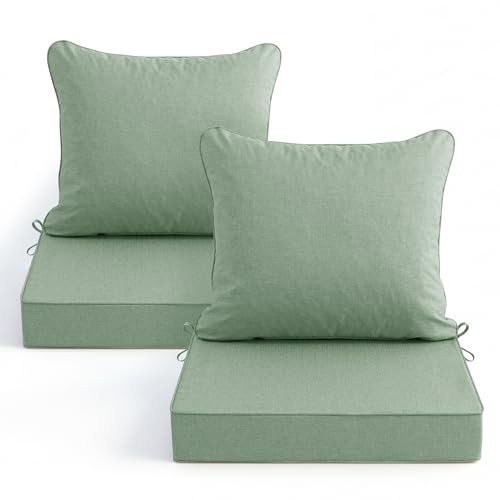Image of Summsun Outdoor Cushions for Patio Furniture, Faux Linen Water Resistant Backrest and Deep Seat Cushion Set with Removable Cover, Ties, Non-Slip Bottom, 22 x 22 Inch, Sage Green, Set of 2
