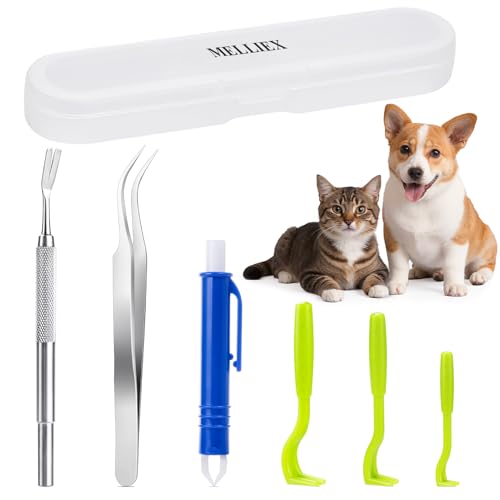MELLIEX 6pcs Tire Tique Pince à Tiques en Acier Inoxydable, Tique Remover Stylo Anti-Tiqueet Crochet à Tiques en Plastique avec Boîte pour Chiens, Chats et...