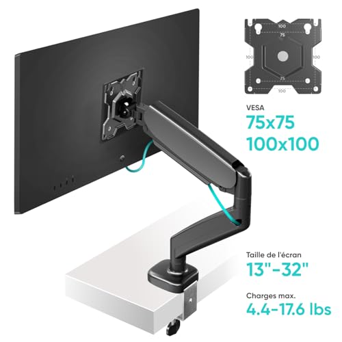 Image of ONKRON Monitor Arm Desk Mount 13-32 Inch, 17.6 lbs, max VESA 100x100, Black | Single monitor arm with 19.2 inch extension, gas spring, swivel, tilt and rotation; C-clamp or grommet mount for office & gaming