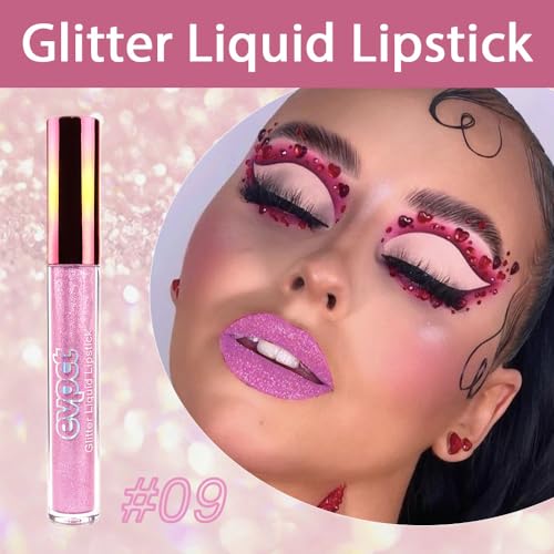 Image of evpct 1Pcs Pink Glitter Metallic Shimmer Diamond Lipstick Lip Gloss for Women, Long Lasting Waterproof Glitter Lipgloss, Light Bright Rose Pink Sparkle Glitter Matte Liquid Lipstick Lip Makeup Kit 09#