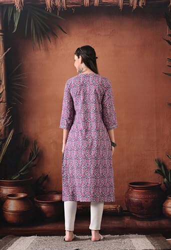 Image of Ichaa Women's Pure Cotton A-Line Katha-Work Ethnic Round-Neck Kurta with 3 /4th Sleeve for Daily and Office Wear, in Plus Sizes