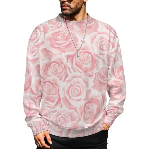 Mens Crewneck Sweater Cream Pink Rose Flower Crew Neck Sweater Long Sleeve Pullover Sweaters
