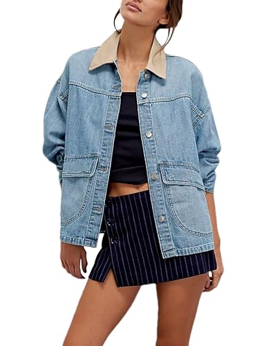 Lumister Women's Oversized Denim Jacket with Contrast Trim Long Sleeve Button Down Jean Coat with Pockets Outerwear