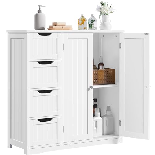 Yaheetech Wooden Bathroom Floor Cabinet, Side Storage Organizer Cabinet with 4 Drawers & Double...