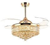 SILJOY 42 Inch Retractable Crystal Ceiling Fan Lights with Remote Control LED Dimmable Fandelier...