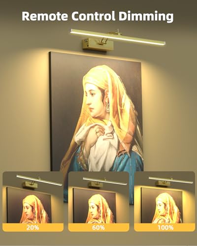 Image of 4Pack Rechargeable Picture Light, 5200mAh Brass Battery Operated Picture Lights for Wall with Remote Control, 300LM 3000K Warm White Light 16 inch Metal Dimmable Picture Light for Painting & Artwork