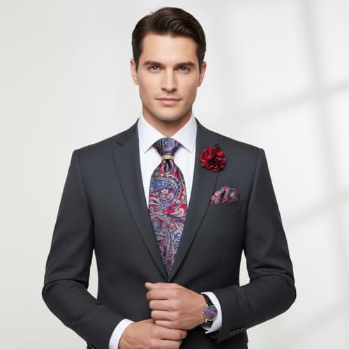 Image of 5PCS Mens Premium Silk Tie, Pocket Square, Cufflinks, Drilled Tie Ring and Lapel Pin Set for Wedding Groom Party
