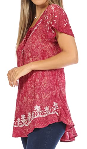 Image of Sakkas Ash Speckled Tiedye Embroidered Cap Sleeve Blouse Top with Embroidery Hems