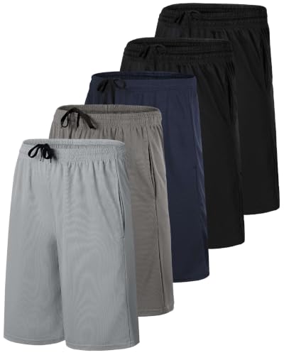Image of Real Essentials 5 Pack: Men's 9 inch Mesh Shorts - Athletic Gym, Workout, Basketball, Running, Casual Lounge Activewear Pockets