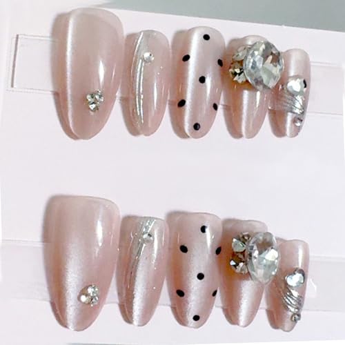 Image of Secret Lives Peach Color, Dot Print and 3D Stud Cat Eye Press-On Nails - 24PC Reusable Nail Set for Women & Girls | Long-Lasting, Easy to Apply, Artificial Nail Extensions