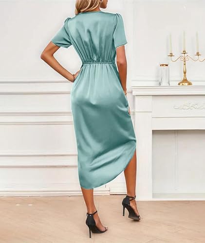 Image of Sexyshine Women's Wrap V Neck Short Sleeve Satin Midi Dress Split Hem Ruched Pleated Formal Evening Party Dresses