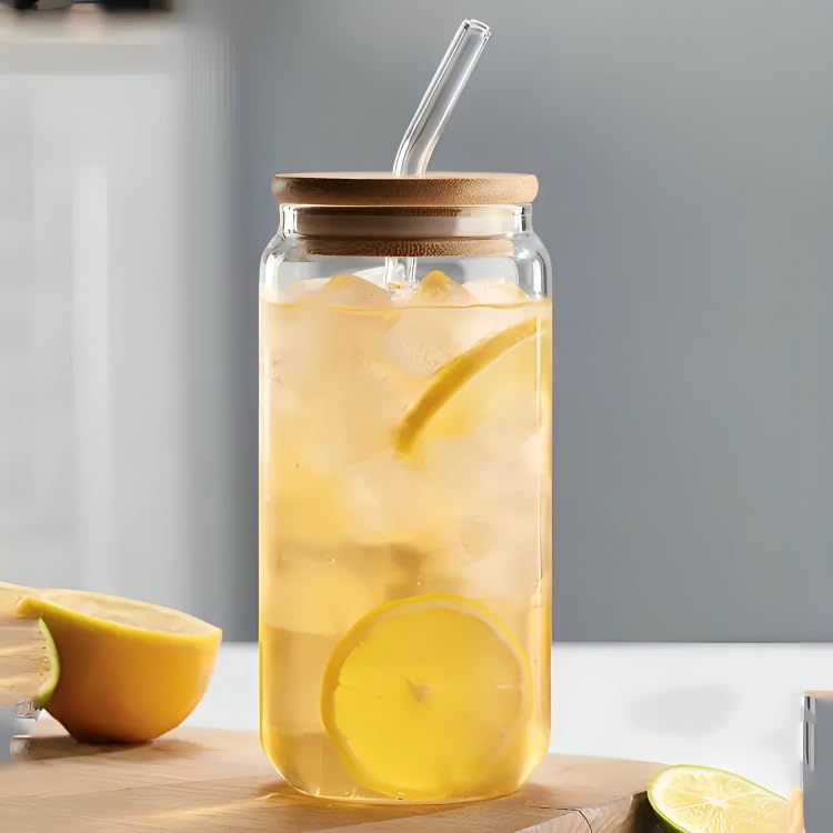 Image of SKDBPM Beer Can Shape Drinking Glasses Tumbler with Airtight Wooden Lid and Straw 500ml Mason Sipper Bottle for Juice Cocktail Iced Tea (Amor Sipper)