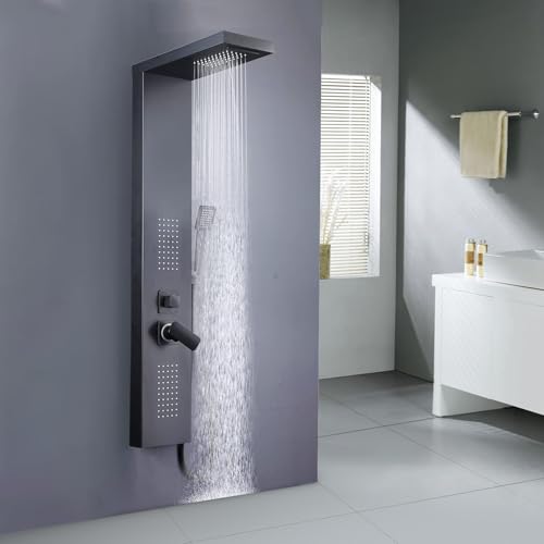 WXPGFEQ Colonne de Douche d'angle en Acier Inoxydable avec Douche Cascade à 4 Fonctions, Ensemble Complet d'accessoires de Douche pour Installation en Angle...