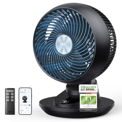 DREO 3D Tischventilator Sehr Leise 22 dB Ventilator Klein mit Fernbedienung 8 8 m/s Starker Luftstrom 90 Oszillation App & Sprachsteuerung 9 Stufen 8/12h Timer für Schlafzimmer & Büro