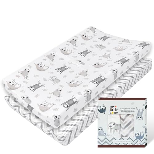 My Little Zone Funda cambiadora Chevron y perezoso – Cambiador de algodón para bebé – Neutral, gris y blanco, paquete de 2