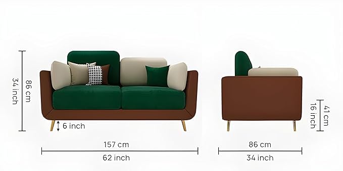 Image of Velvet Contemperory Sofa with Cushion Chaise Lounge Sectional Sofa Perfect for Living Room & Bedroom Guests Home & Office (Green & Beige, Two Seater)