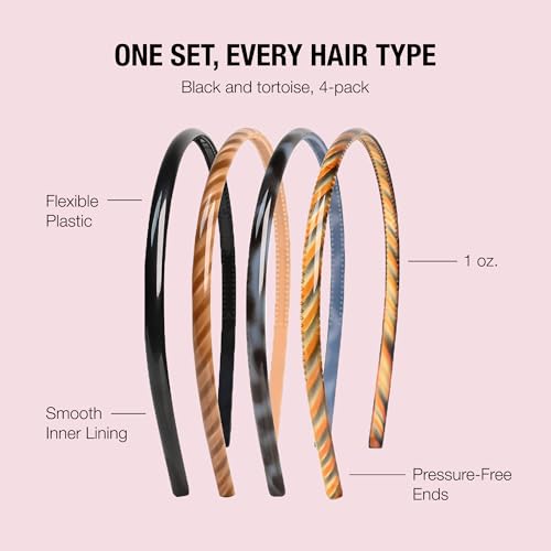 Scünci Effortless Beauty No-Damage Skinny Headbands | Ultra-flexible Slim Headbands Offer Secure, Headache-free Hold Without Denting, Assorted Neutrals, 4-Count