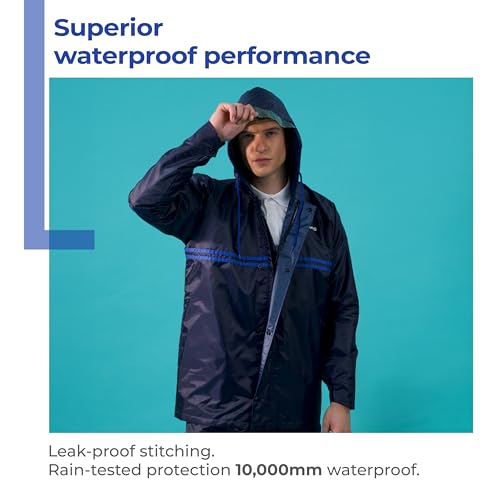 Image of Lifelong Men's Waterproof Raincoat Set - Reversible Double Coated Rain Suit with Hood, Inner Mobile Pocket | Zip & Snap Closure | Lightweight Polyester|Monsoon Wear| XXL Navy Blue & Royal Blue Stripe