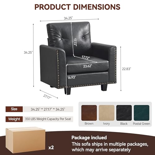 Image of 34.3 inch Faux Leather Modular Sectional Single Couch, Vintage PU Leather Accent Sofa Chairs with Nailhead Trim for Sofas, Mid Century Modern Tufted Chair for Living Room, Bedroom, Office, Black