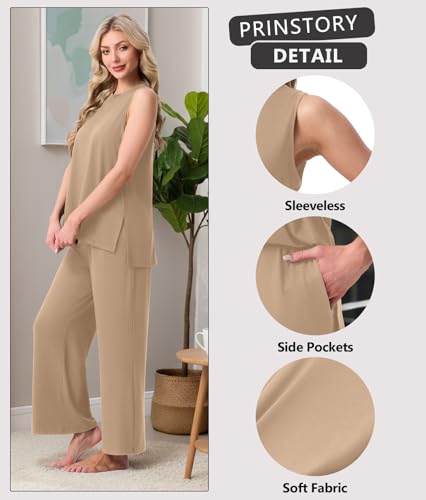 Image of PrinStory Womens Pajamas Sets 2 Piece Soft Pjs for Women Sleeveless Pajama Set Summer Loungewear with Pockets