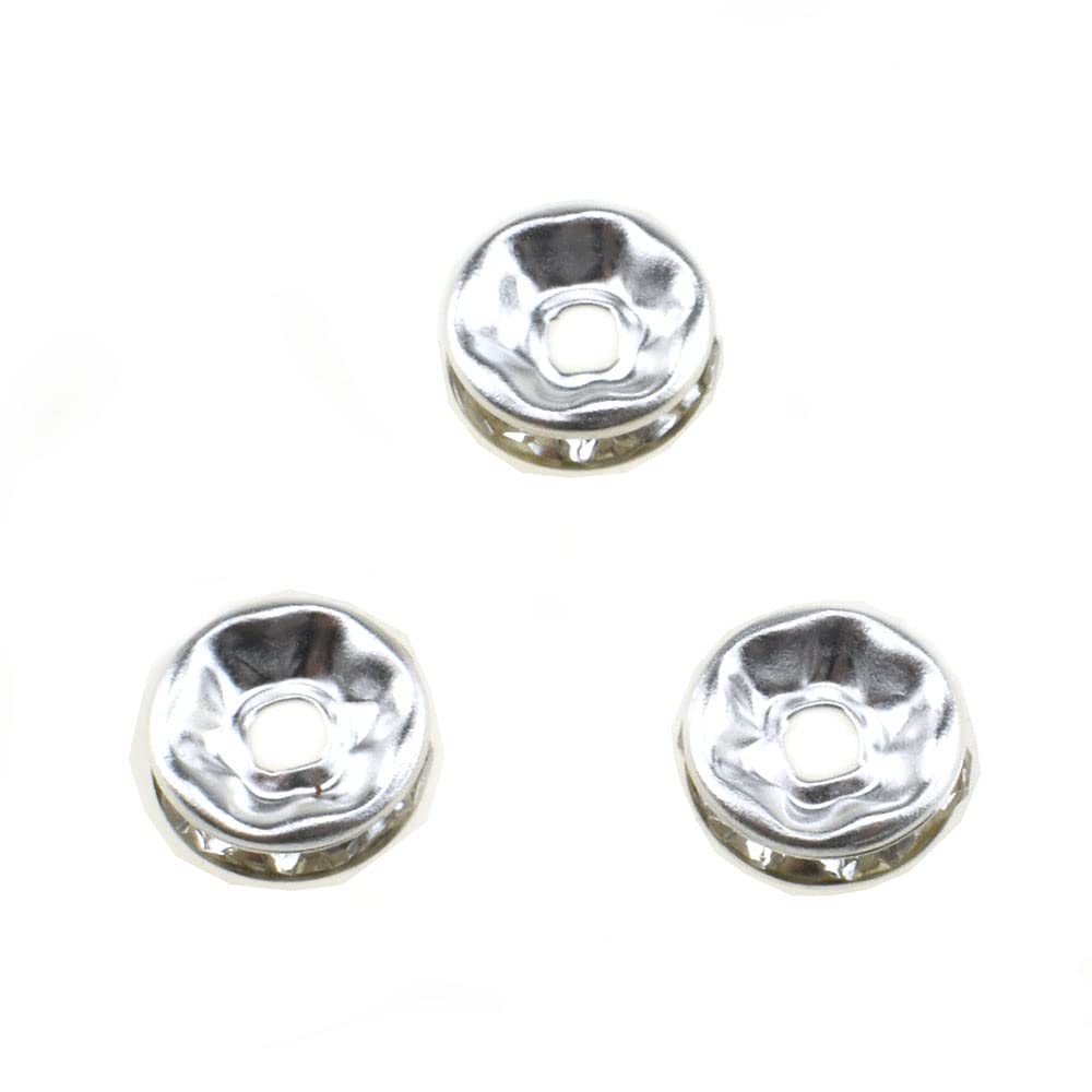 HAHIYOHAHIYO Silver Rhinestone Round Charm Spacer Beads Crystal Loose Bead Shine Catch 7.5mm Diameter Center Hole to Thread Slide Freely Neat Arrange No Rough Edge for Necklaces Bracelets Earrings 100PCS