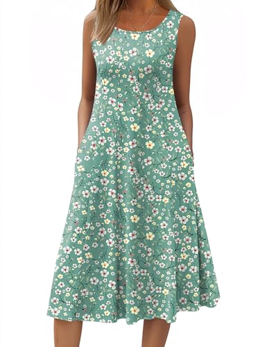 Image of HOTOUCH Summer Casual Dresses for Women Sleeveless Midi Dress Swing Tank Sundress Pleated Tshirt Dress with Pockets