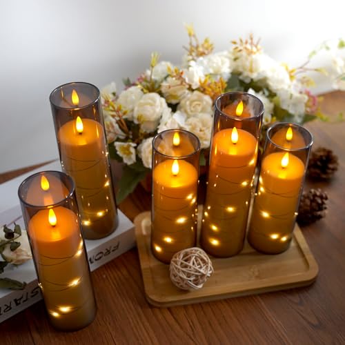 Image of Flameless Candles,with Embedded Star String, Battery Operated Candles Flickering LED Pillar Candles with Remote Control and Timer, Home Decoration Add a Warm and Romantic Atmosphere,Set of 7 (Grey)