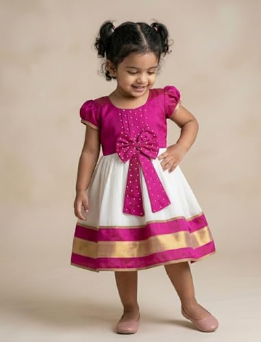 Image of Baby Girls Cotton Silk Midi /Knee Length Festive /Party /Wedding Pattu Dress