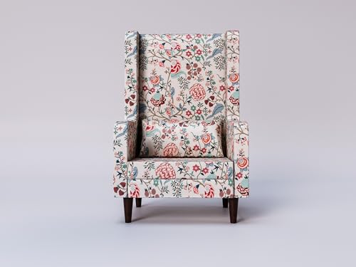 Image of WELL KNOWN Wooden Set of 2 Wing Chair with Ottoman | Wingback Chair for Living Room | Home Decor Furniture (White with Floral Pattern- 2)