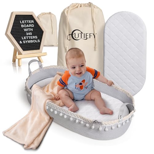 Image of Cutiefy Baby Changing Basket - Portable Changing Pad for Dresser - Foldable Moses Basket for Babies - Includes Thick Pad, Felt Letter Board, Waterproof Pad Covers, Fleece Blanket, Cotton Carry Bag