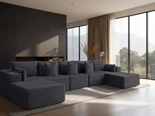 Image of 168 inch Cloud Sectional Couch, Comfort U Shaped Sofa for Living Room, Extra Deep Seats No Assembly, Minimalist Modular Couch, Corduroy (Dark Grey, 7 Seats,U-Shape C)