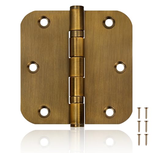 6 Pack 3.5 Inch Heavy Duty Stainless Steel Ball Bearing Door Hinges - Non-Removable Pin with 5/8 Rounded Corners for Interior & Exterior Doors (Brass)