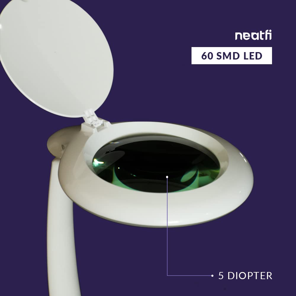 Neatfi Elite Lampa z lupą LED z osłoną przeciwpyłową, przyciemniana, 60 szt. SMD LED, temperatura barwowa 6500K, 20 000 godzin znamionowy czas eksploatacji Idealna do domu (12.7 CM, Biały)