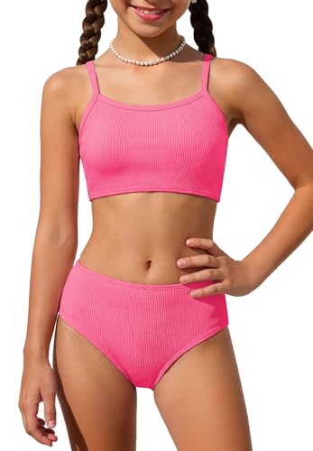 Image of Zando 2 Piece Ribbed Swimsuits for Teen Girls Kids Size 6-15 Years High Waisted Solid Cute Bikini for Summer Beach Wear