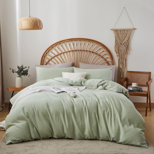 Sedefen Doppelte Musselin Bettwäsche 135x200 cm Baumwolle Leinen Grün Bettwäsche Set 2tlg,1 Bettbezug mit Reißverschluss und 1 Kissenbezug 80x80cm,85% Baumwolle und 15% Leinen Bettwäsche