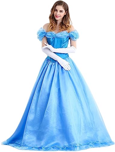 TRACYCY Cenerentola Vestito Donna Cosplay Cinderella Elegante Lungo Farfalla Tulle Abito da Principessa e Corona Festival Fancy Dress Costume per Halloween Carnevale Compleanno Festa Costume